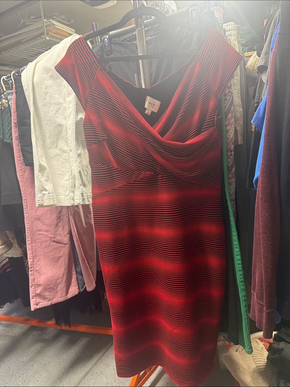 ECI Red & Black Striped Midi Sheath Dress